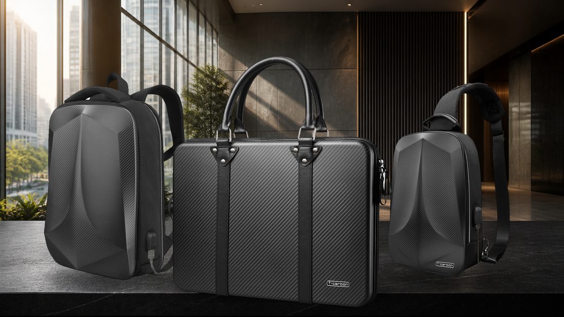 Carbon fiber laptop backpack, laptop case, and shoulder bag in a modern office setting
