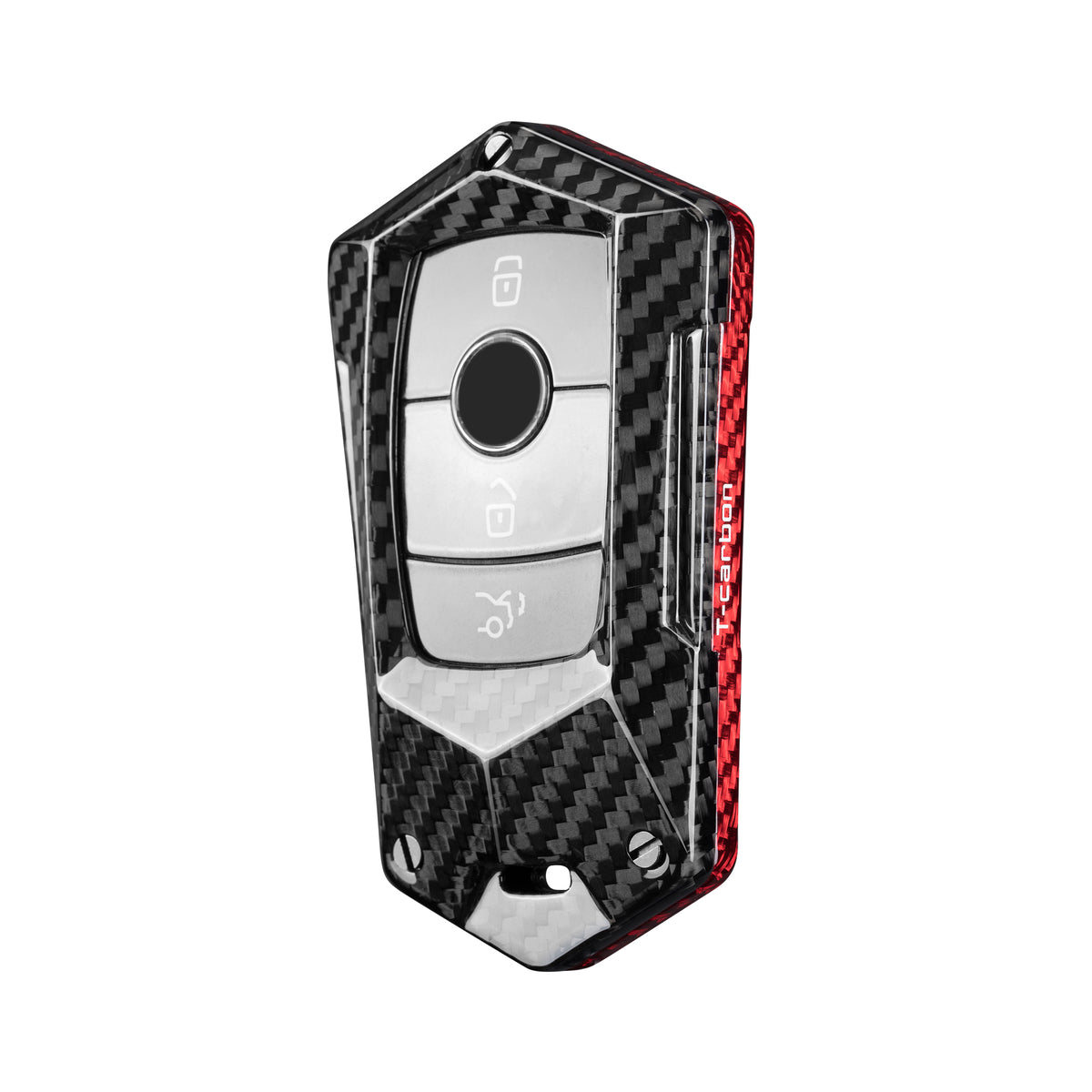 Mercedes-Benz C/E-Class/GLC angular key fob cover in red black carbon fiber, detail view 1