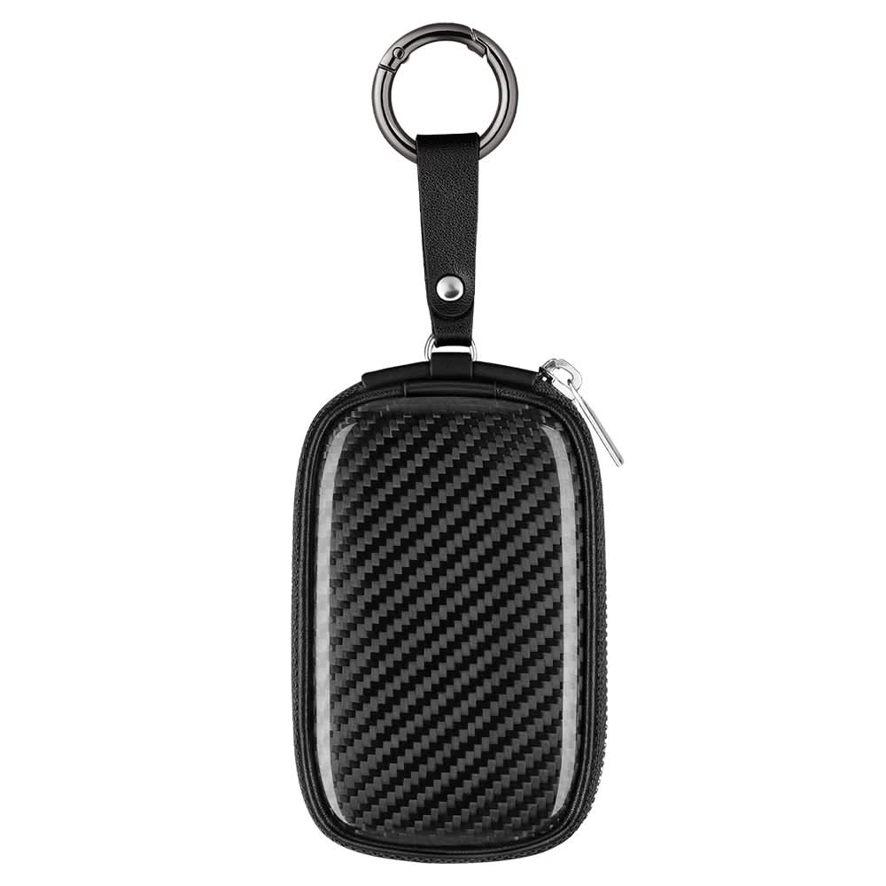 Signal-blocking key fob pouch with carbon-weave hard shell and snap hook