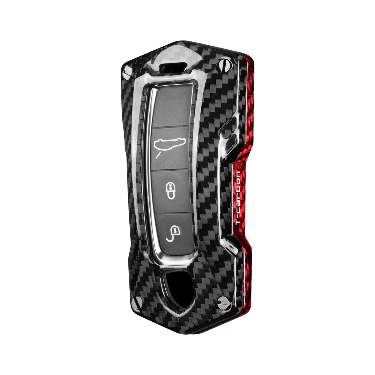Porsche Taycan/Cayenne angular key fob cover (2018–2025) in red black carbon fiber, detail view 1