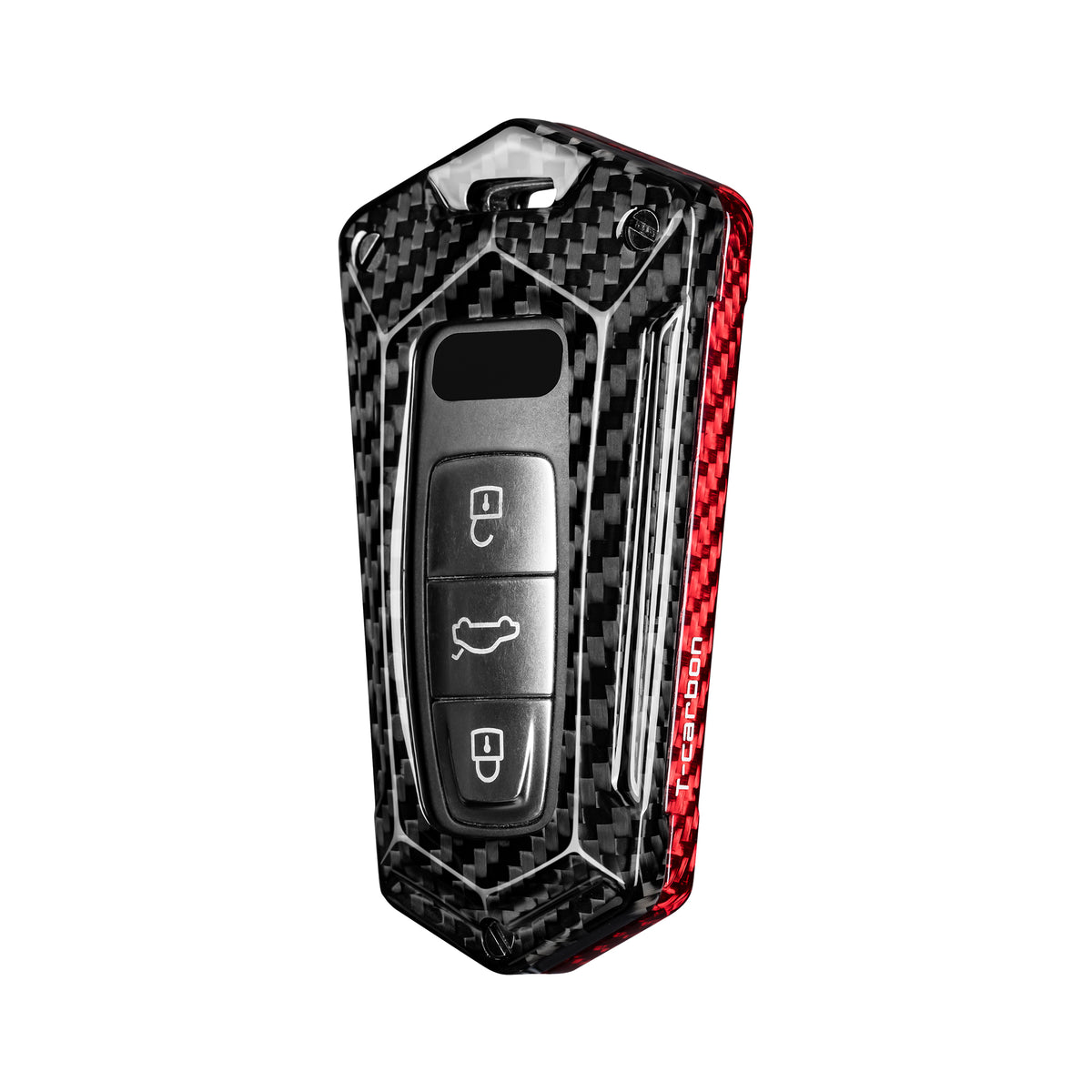 Audi S5/SQ5/RS5 angular key fob cover (2019–2025) in red black carbon fiber, detail view 1