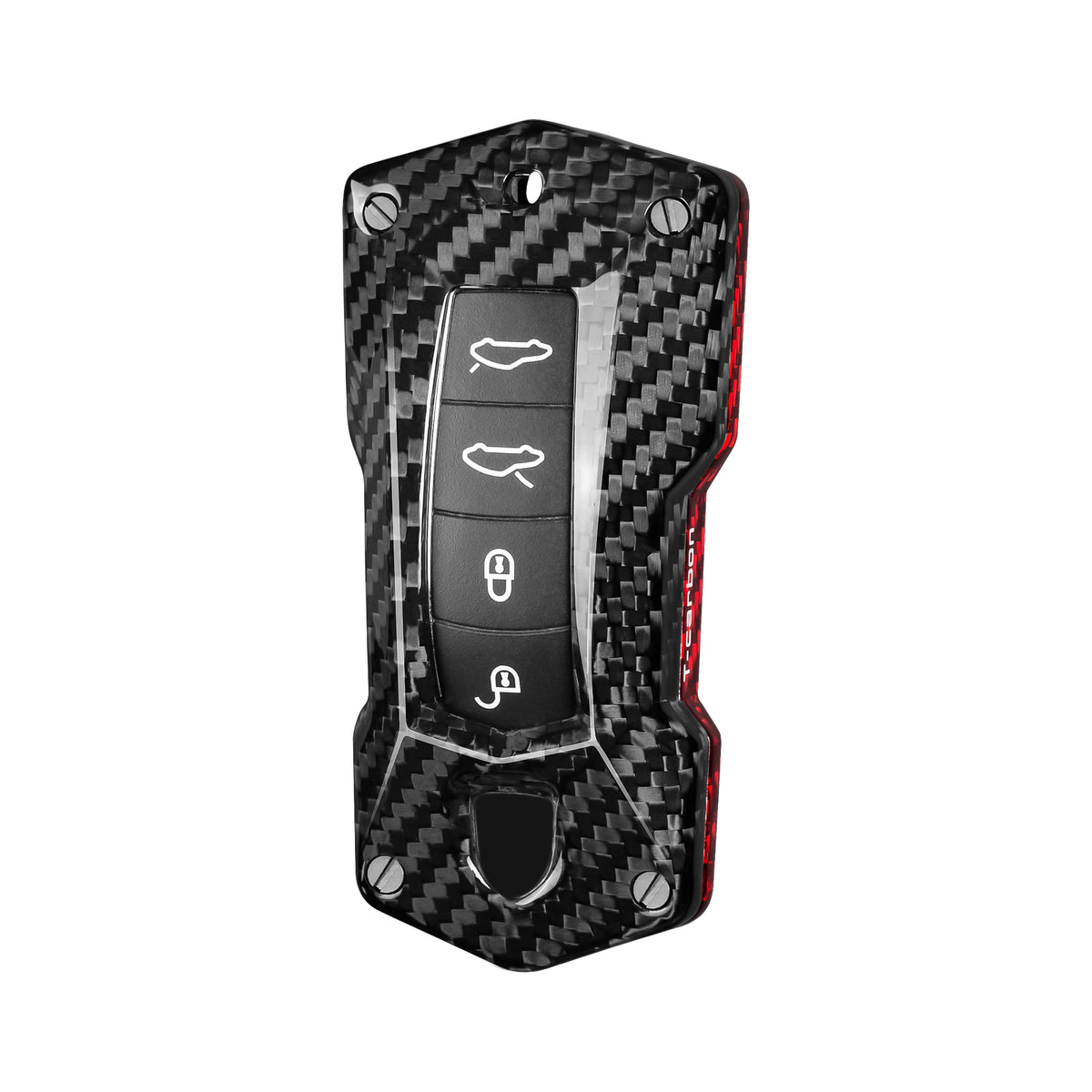 Porsche Macan/911 angular key fob cover (2010–2025) in red black carbon fiber, detail view 1