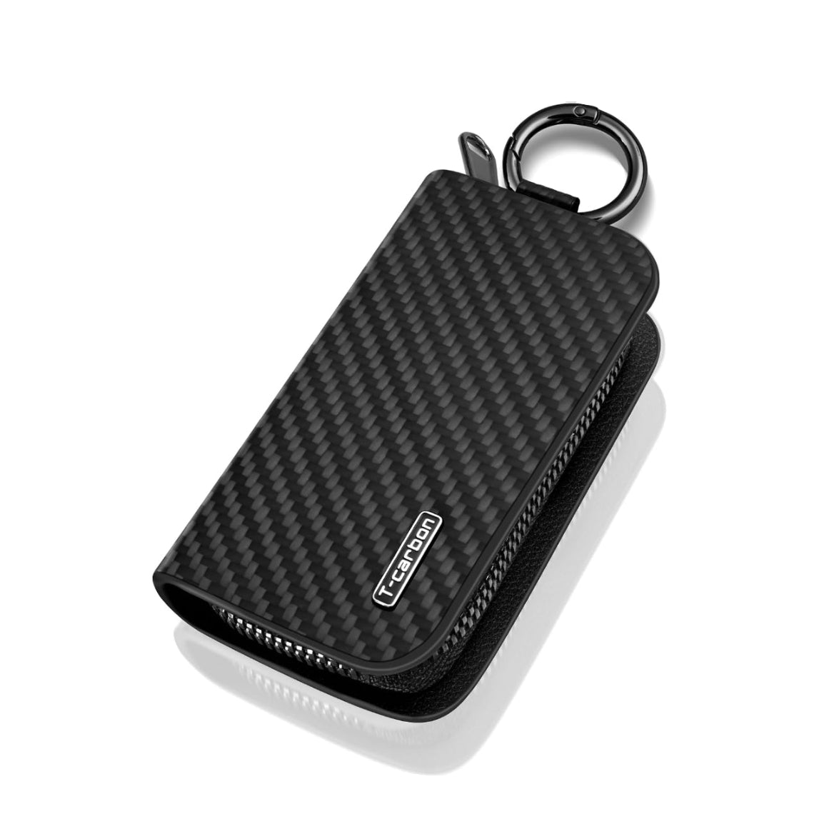 Black carbon fiber and leather universal key fob pouch, front view