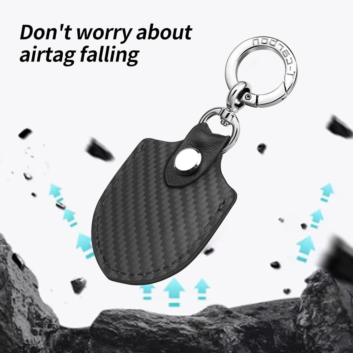 Black AirTag keychain holder secure attachment demonstration