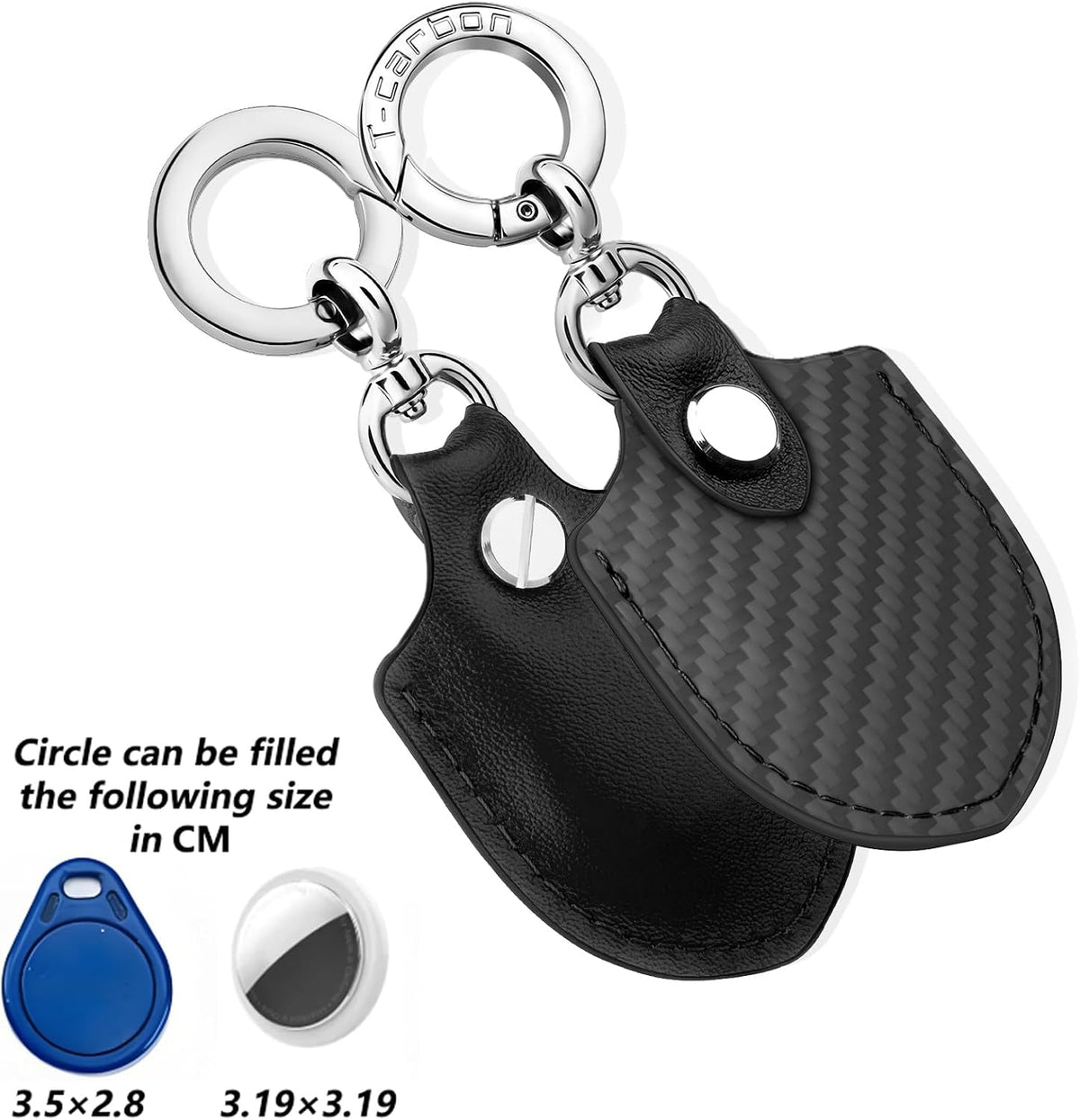 Black AirTag keychain holder shown with compatible tracker size