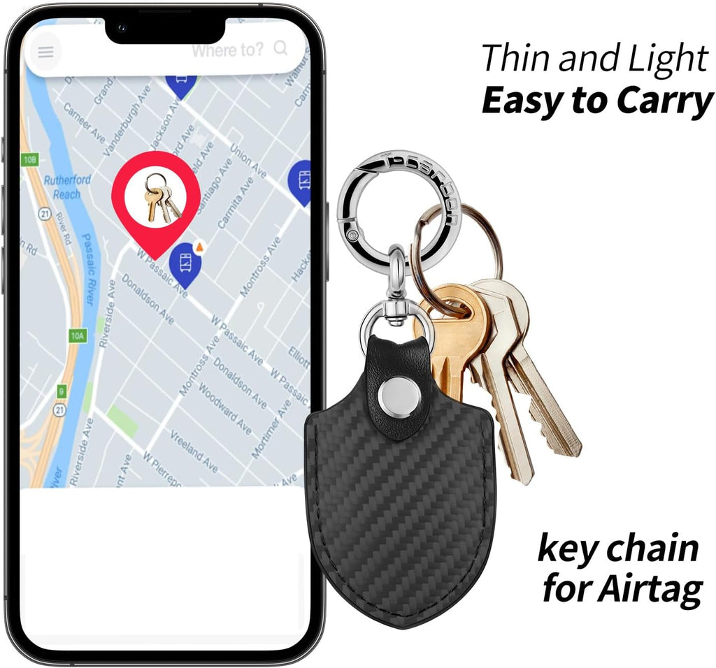 Black AirTag holder attached to keys beside a phone map screen