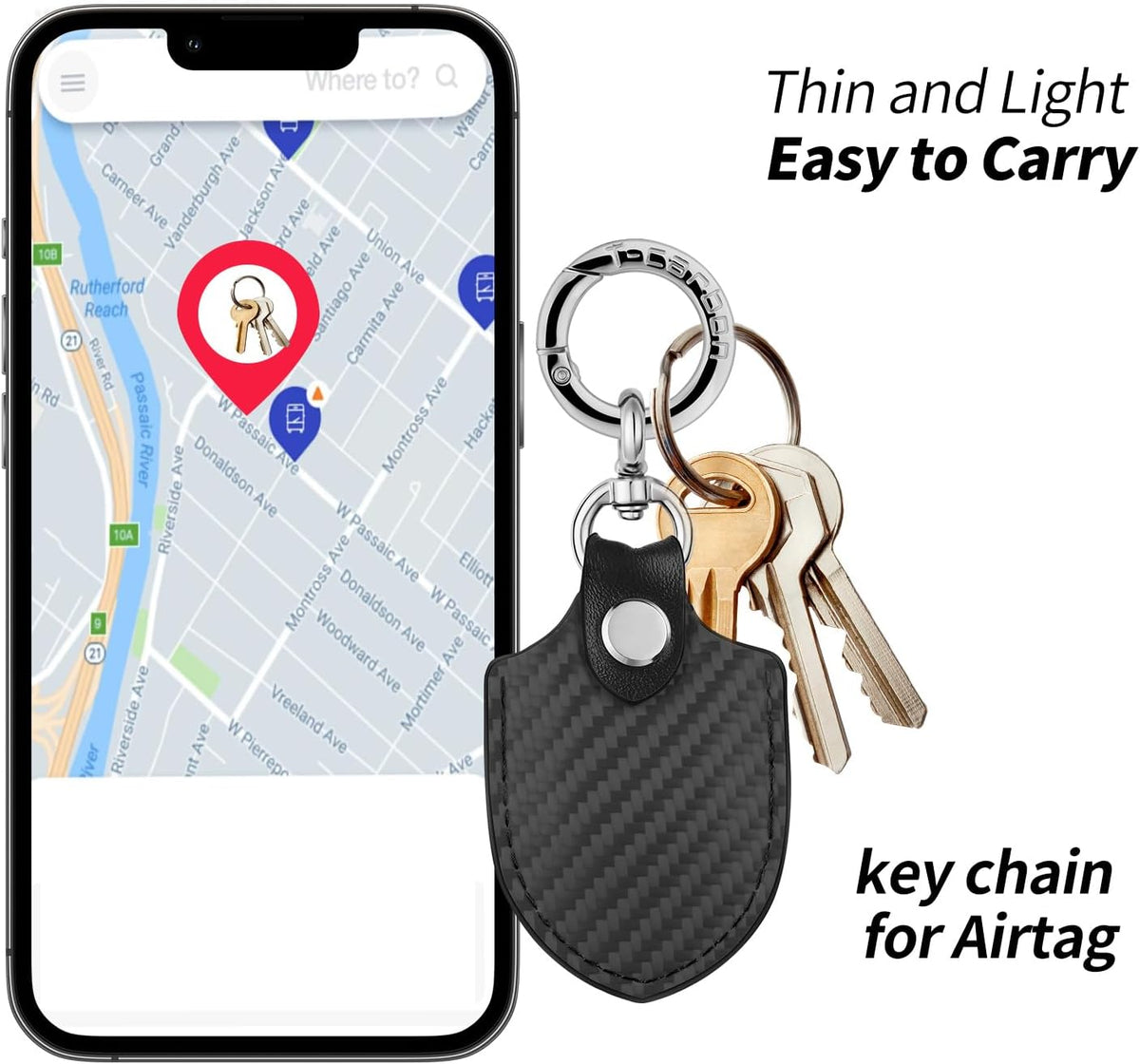 Black AirTag holder attached to keys beside a phone map screen