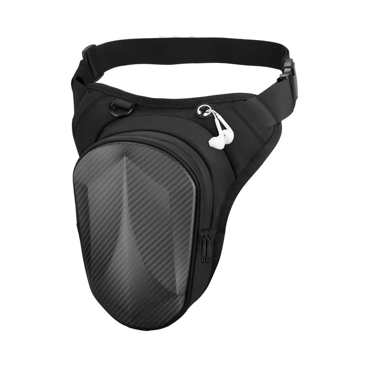 Black carbon fiber motorcycle thigh bag, front view