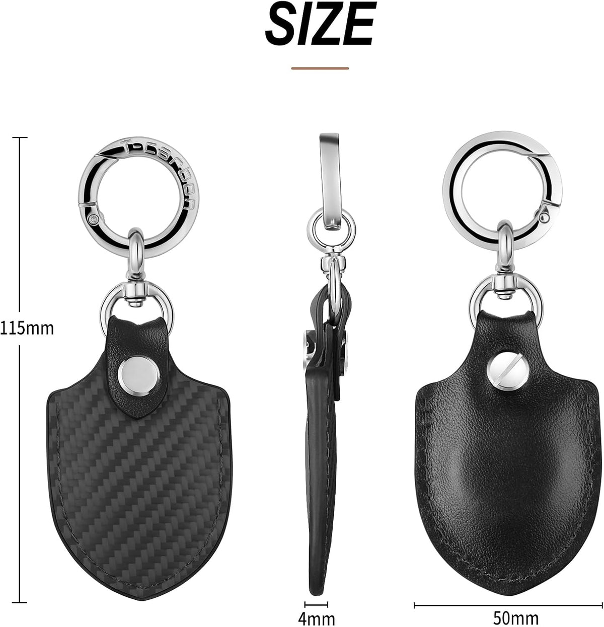 Black AirTag keychain holder dimensions and side profile