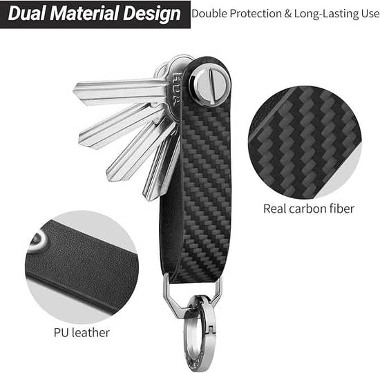 Premium Carbon Fiber Key Organizer - Compact Leather Key Holder with Silent Design, Holds Up to 8 Keys