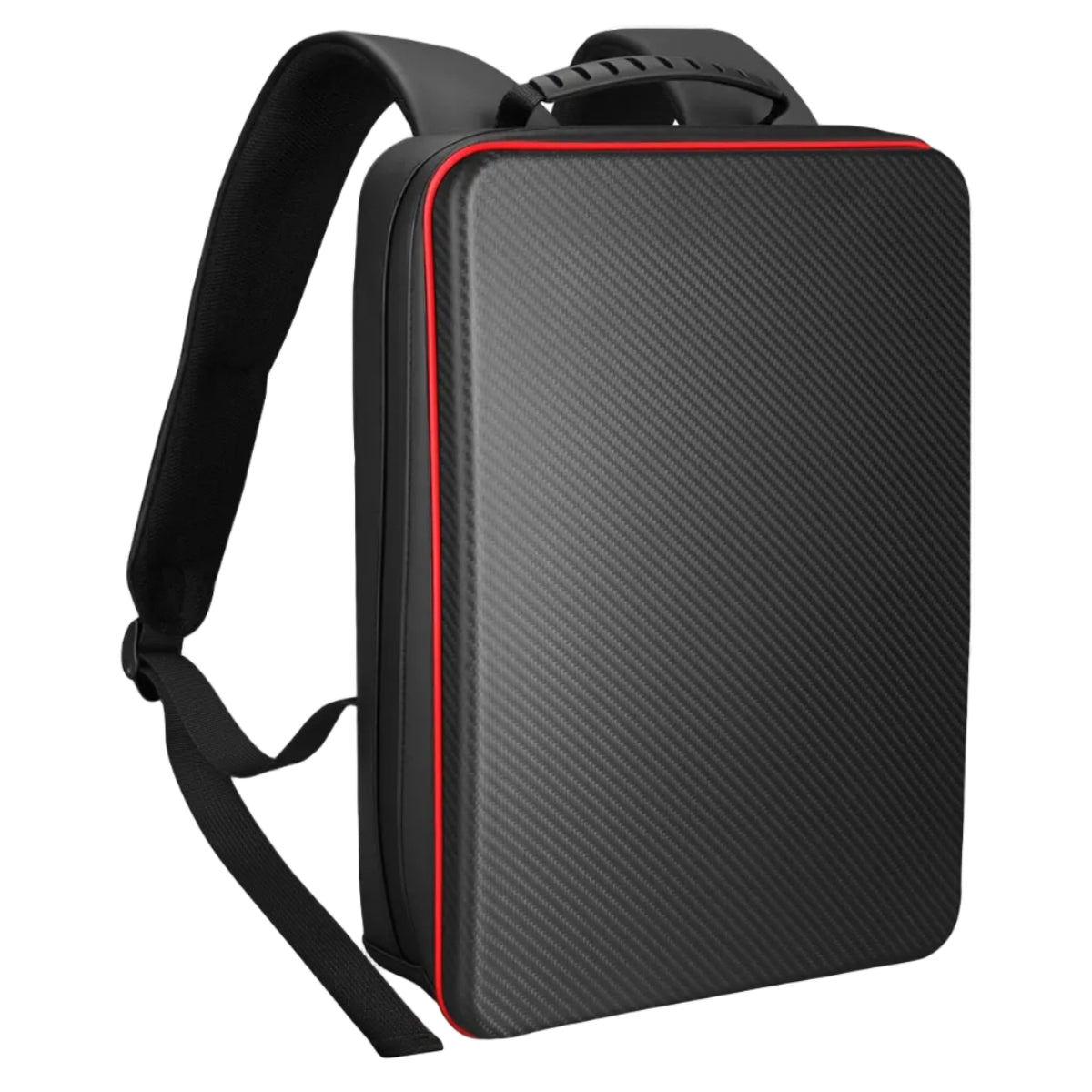 Red carbon fiber hard-shell laptop backpack, front view