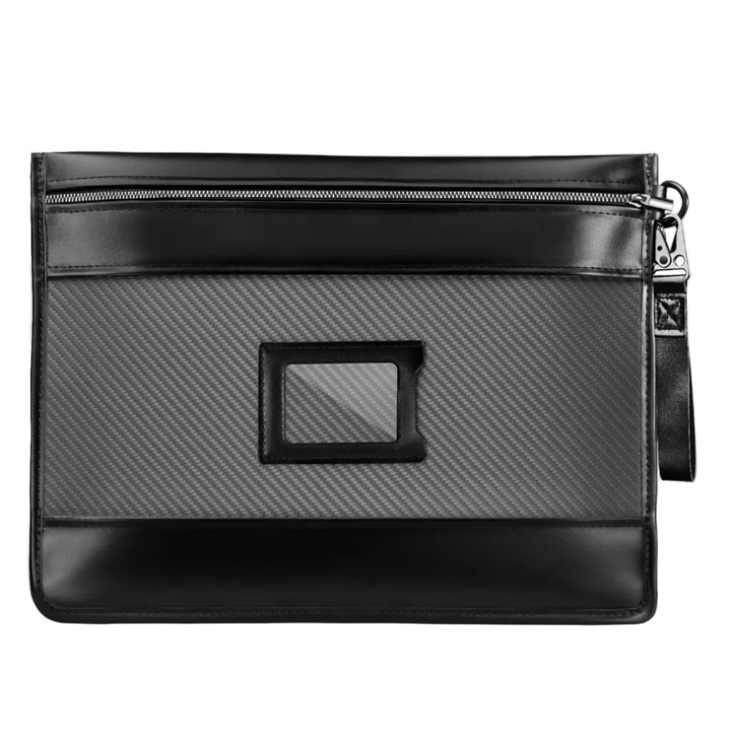 Carbon-weave zippered document organizer, front view