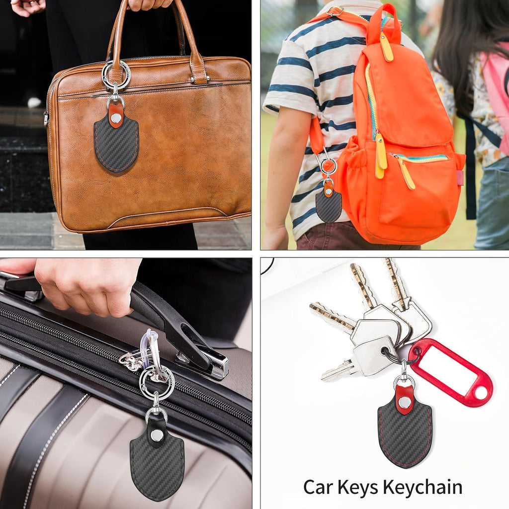 Black AirTag keychain holder attached to luggage, backpack, briefcase, and keys