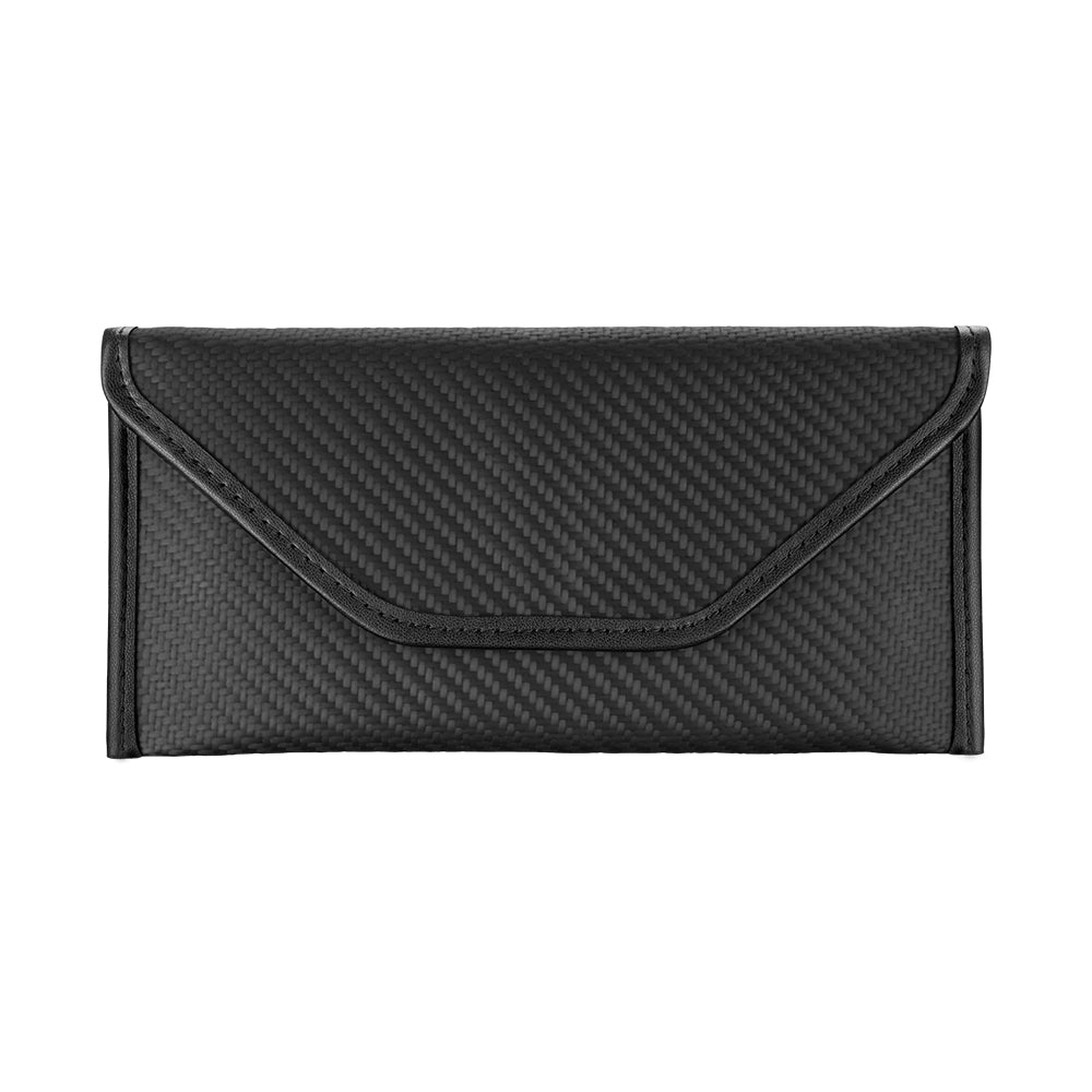 Black carbon fiber Faraday pouch, front view