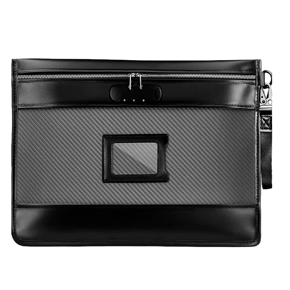 Carbon-weave locking document bag with three-digit combination lock, front view